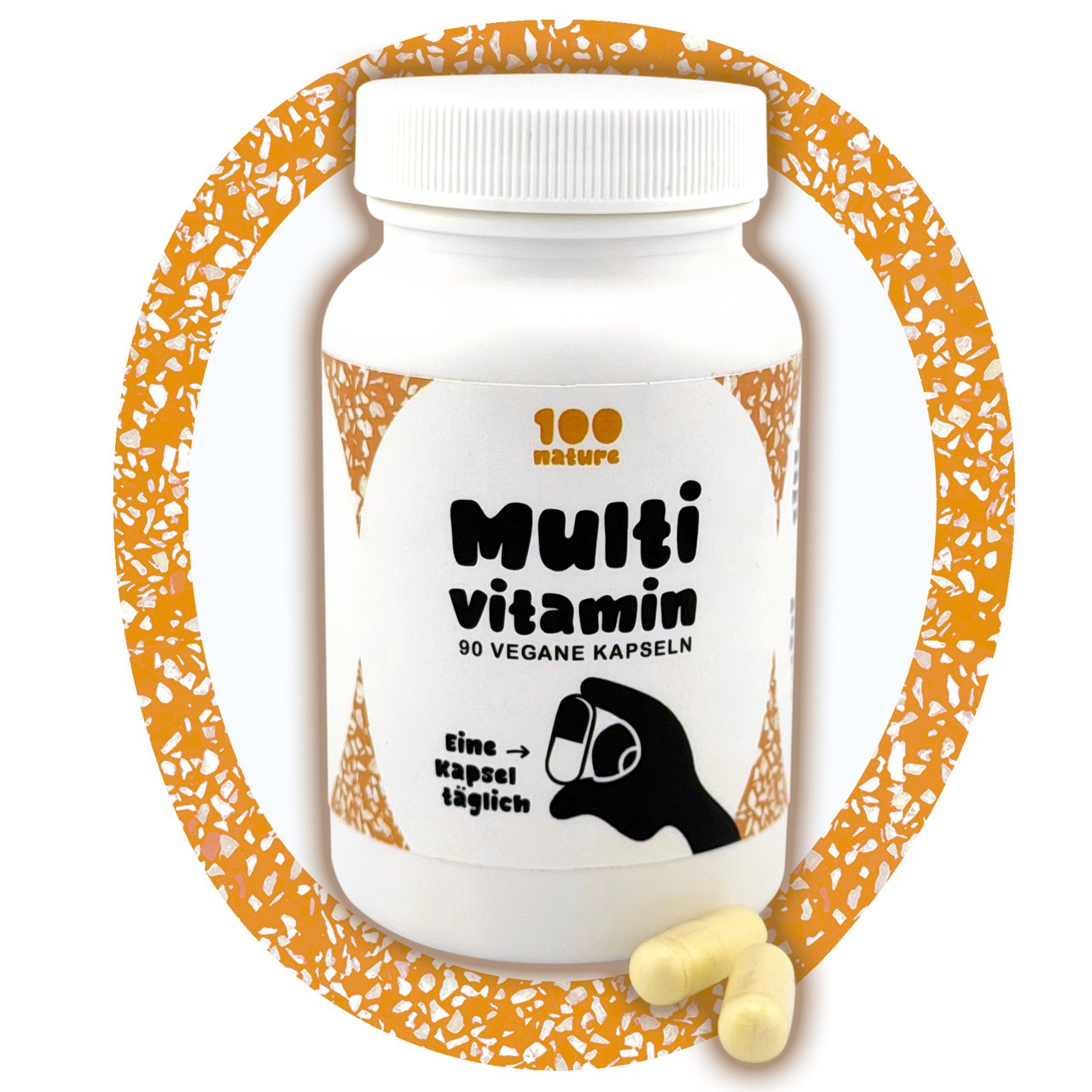 100nature Multivitamin Dose in Mickly-Frog-Zero-Frame auf Orange-Terrazzo